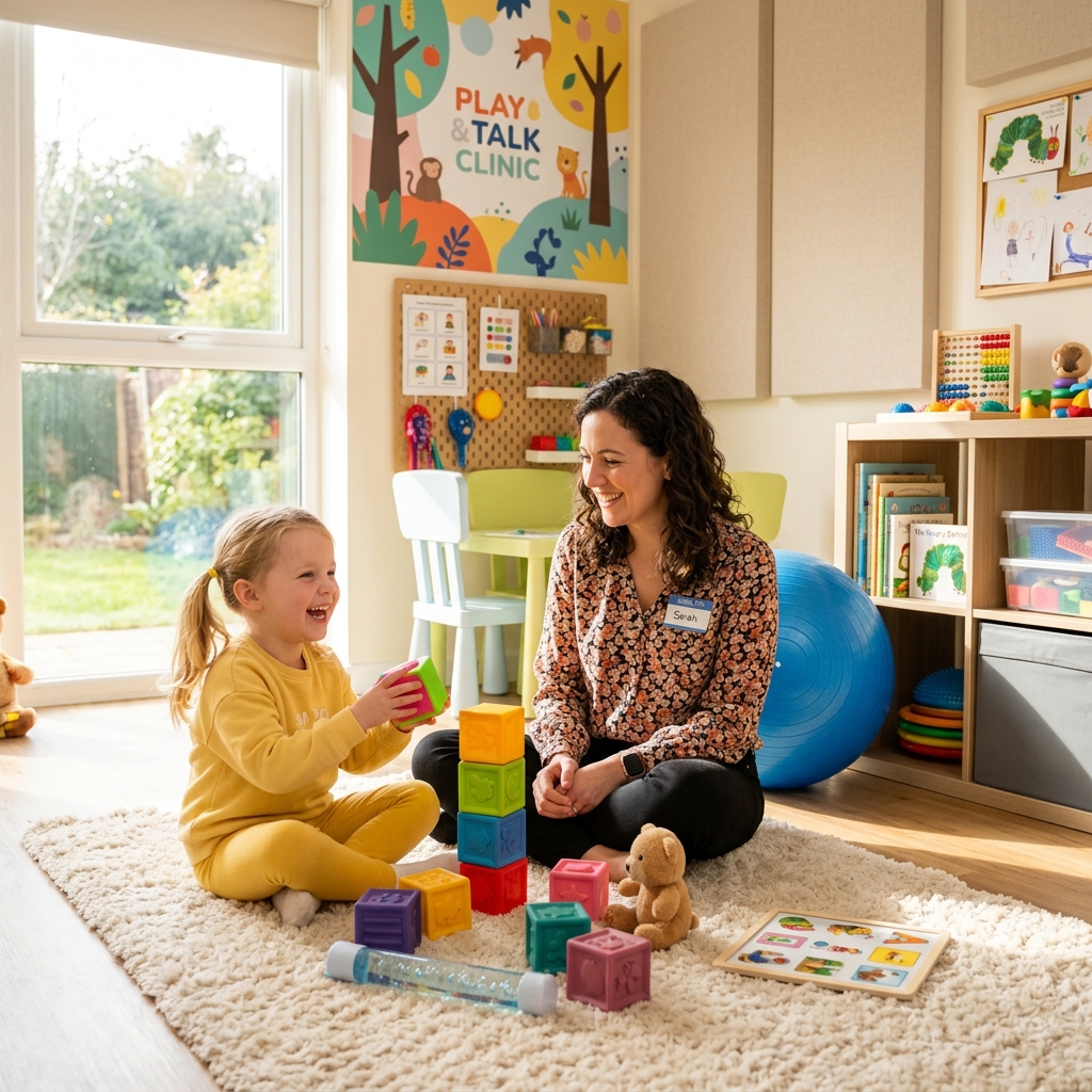 Happy child in speech therapy room with colorful toys
